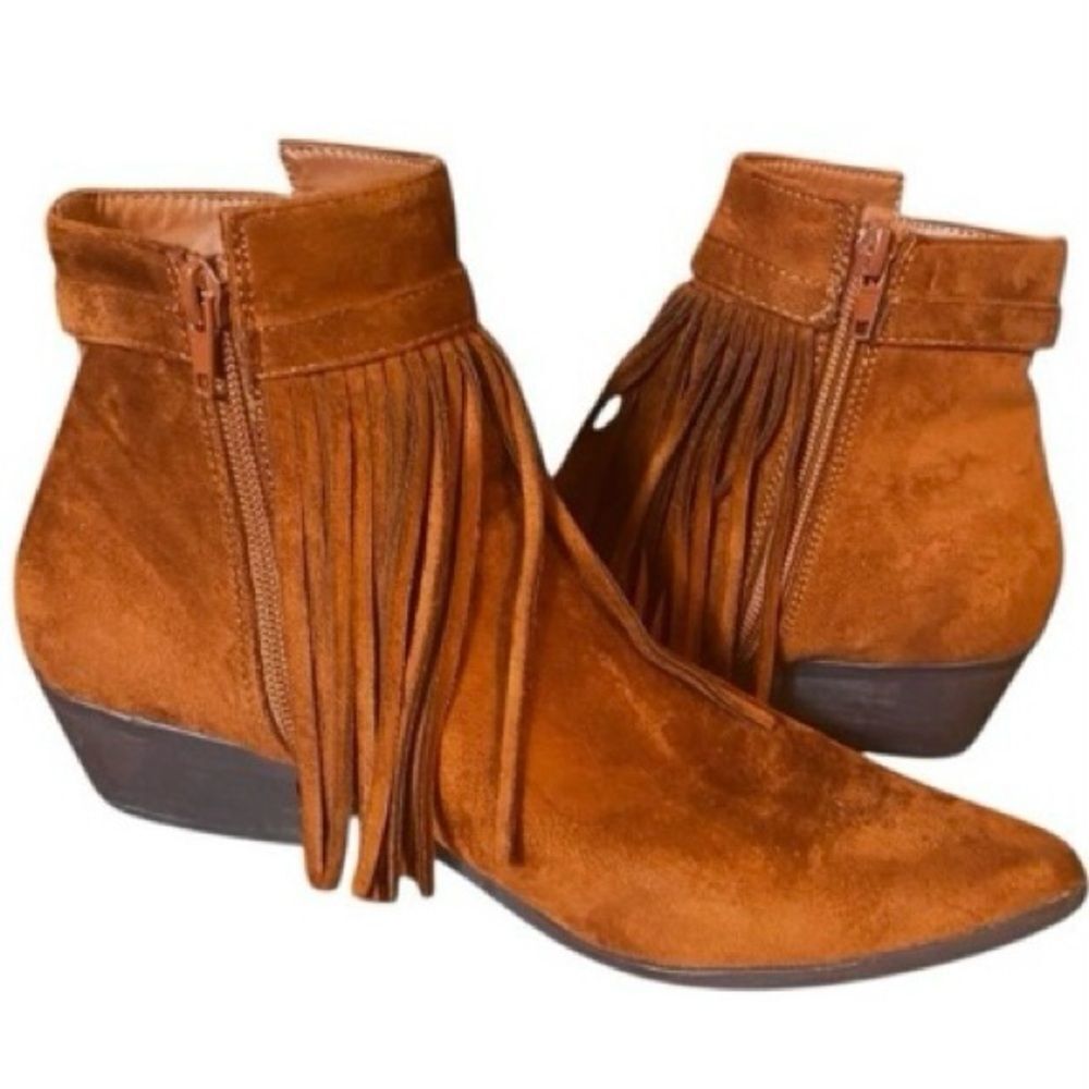 C Label Chestnut Brown Suede Fringe Zip Ankle Boot Women’s Size 6.5 - Picture 2 of 7